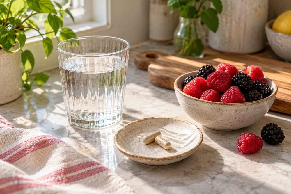 Water and two capsules on a sunny kitchen counter