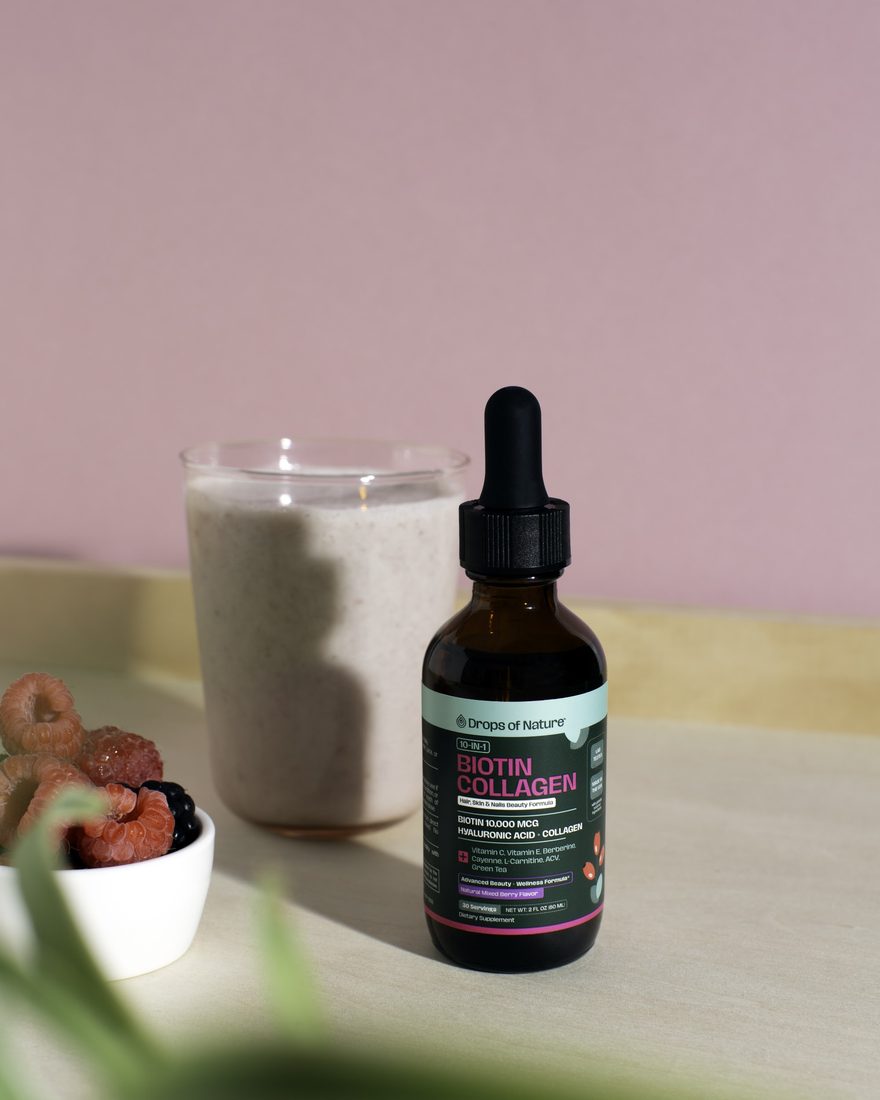 Biotin Collagen bottle beside a smoothie