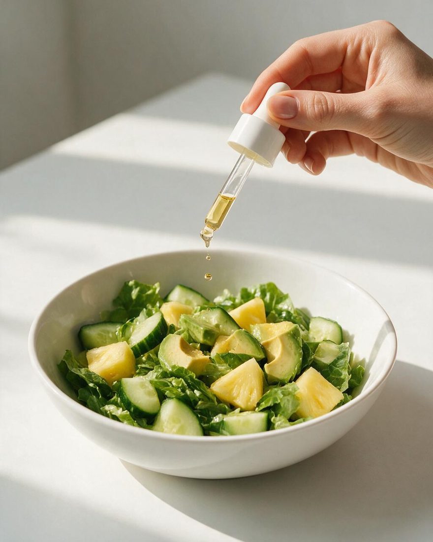 Drops from a glass dropper falling over a fresh green salad