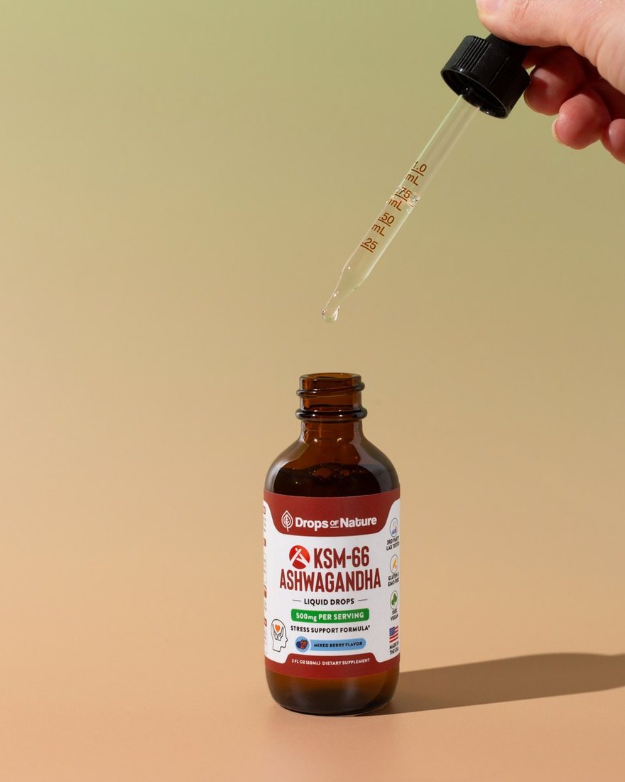 A dropper of KSM-66 Ashwagandha drops over its bottle