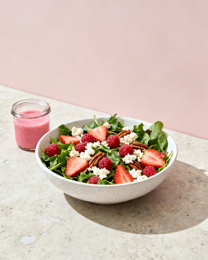 A mixed greens salad with strawberries and a jar of raspberry vinaigrette