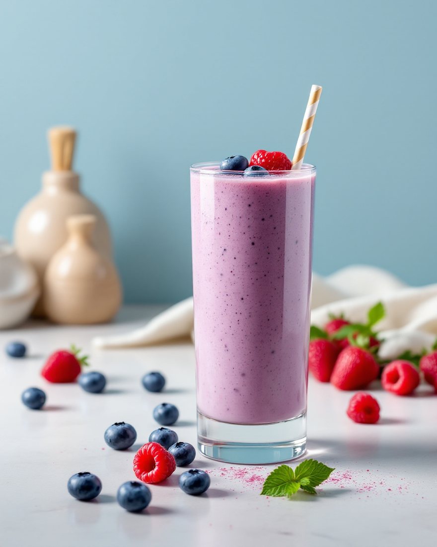 A mixed berry smoothie with fresh berries