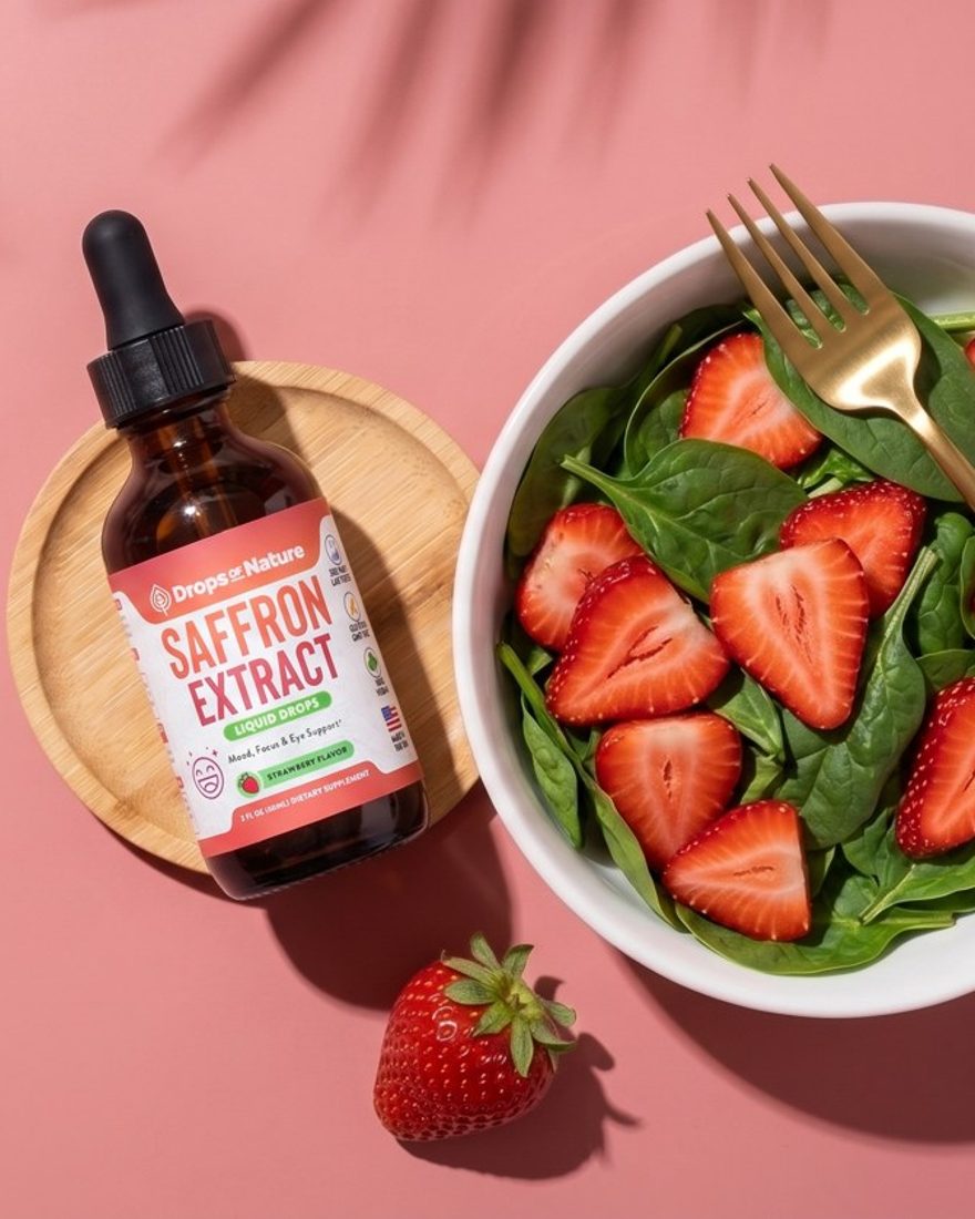 A bottle of Saffron drops beside a strawberry spinach salad