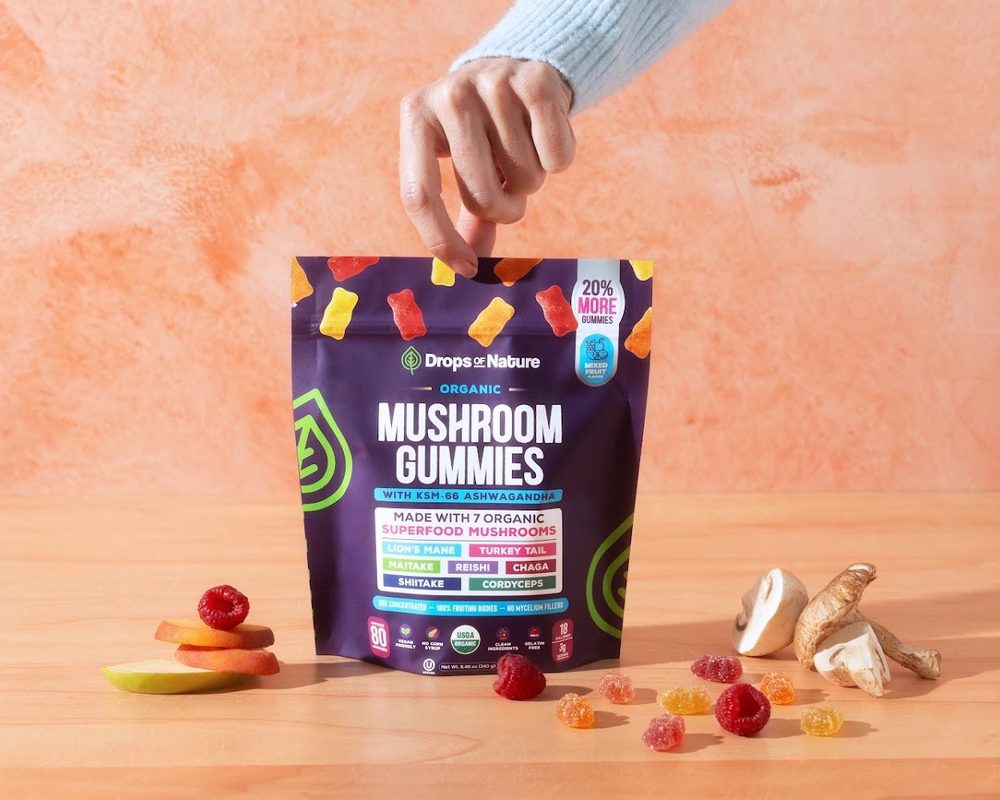 Mushroom gummy bears poured from the Drops of Nature bag