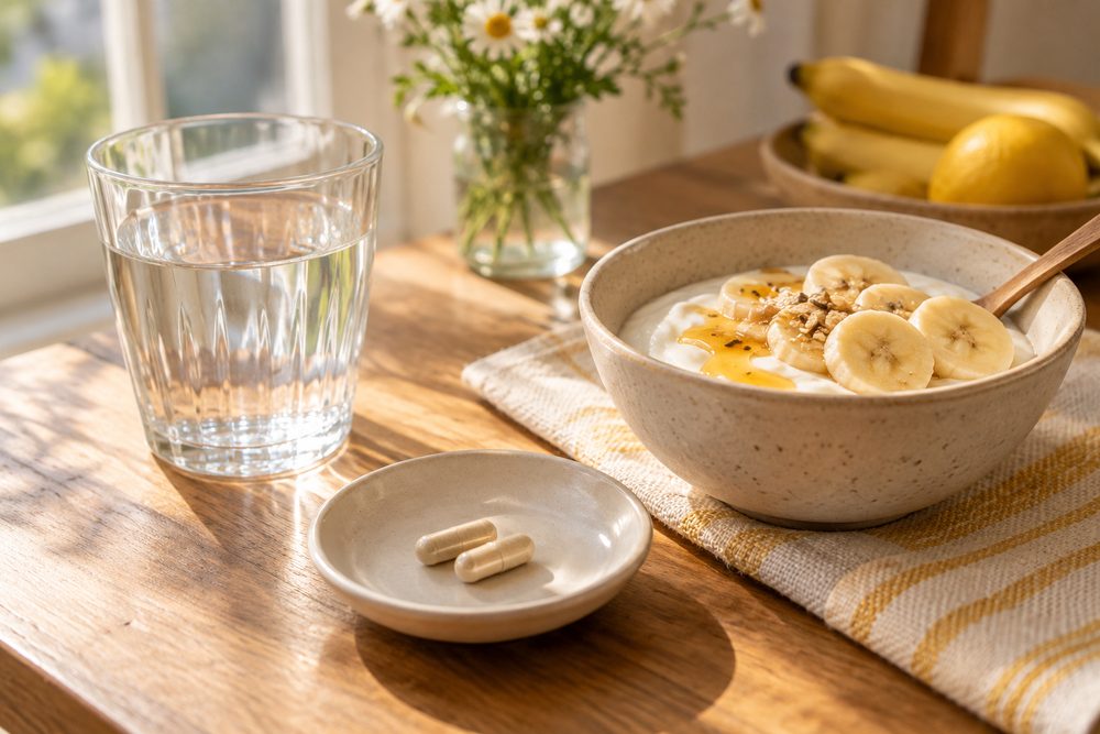 Water, capsules and a yogurt bowl at breakfast