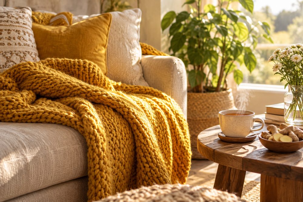 A cozy sunny sofa corner with tea