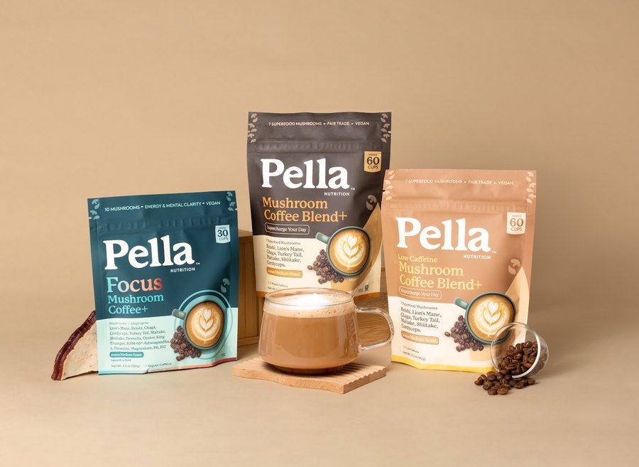 Pella Focus, Regular and Low Caffeine mushroom coffee bags on a warm beige counter with a latte and a glass of coffee beans